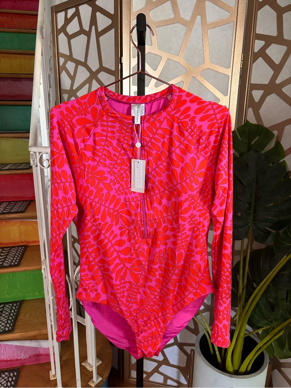Trina Turk Pink and Red Leaf-Print Zip Front Swimsuit